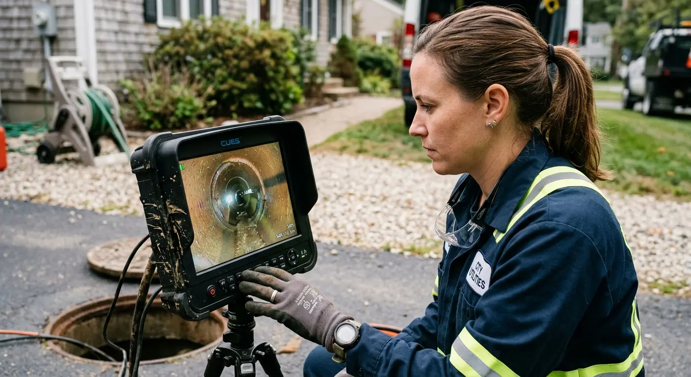 Technician reviewing sewer camera inspection footage in New Hanover