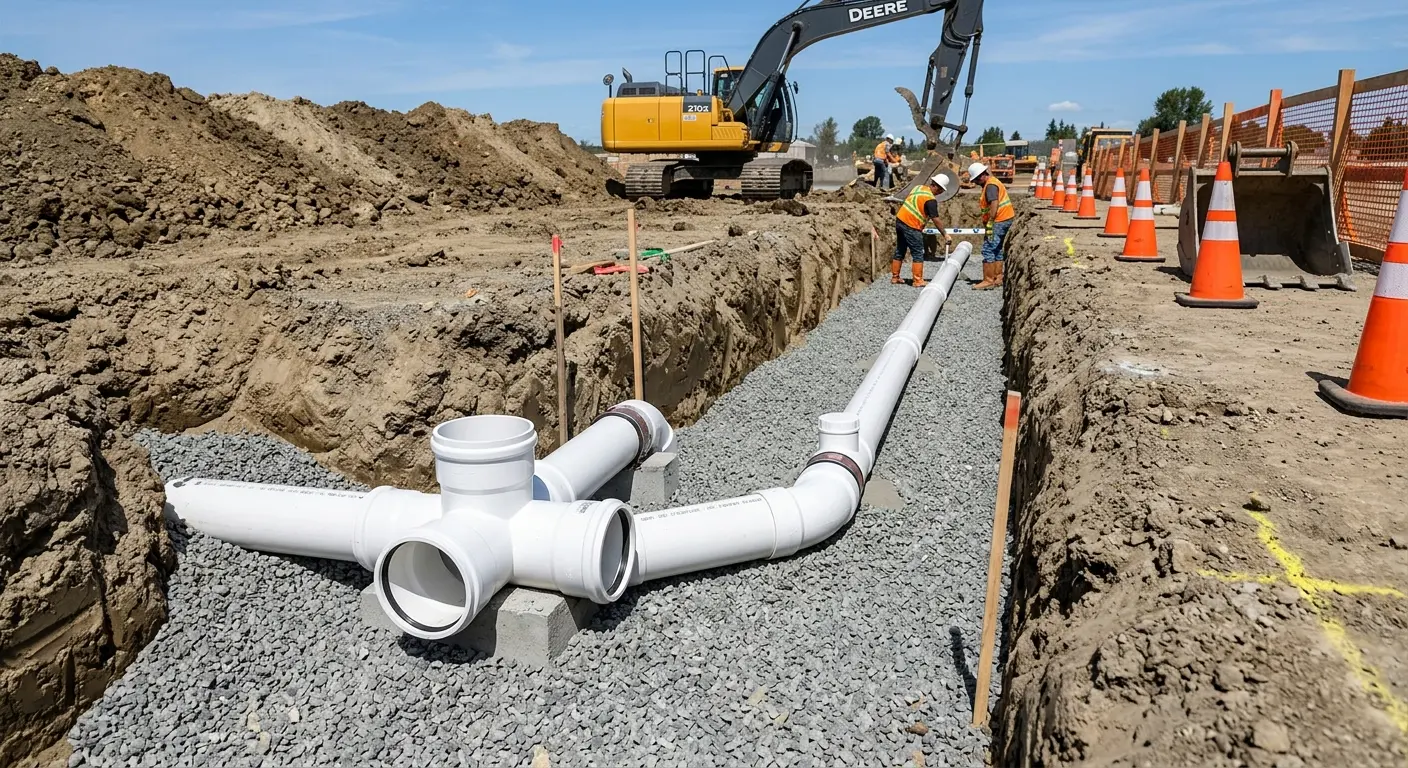 New PVC sewer pipe installation in open trench for Commercial Drain Cleaning in New Hanover