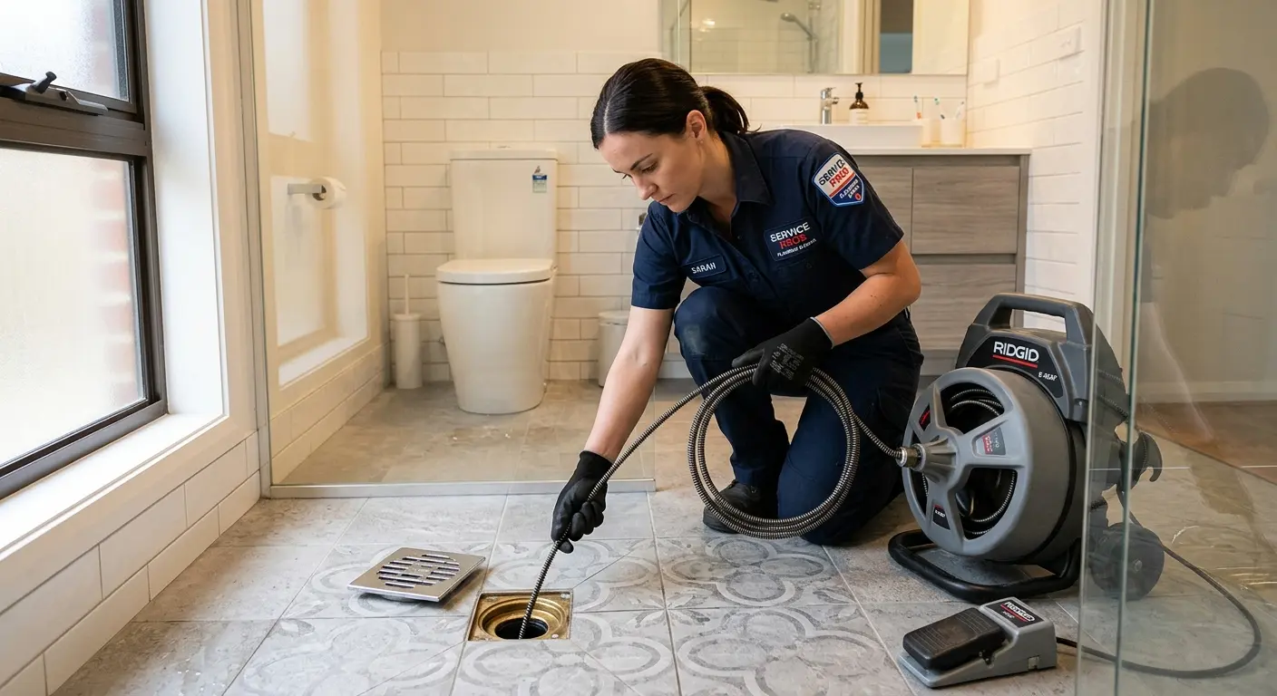 Technician clearing a bathroom floor drain for Clogged Drain Repair in New Hanover